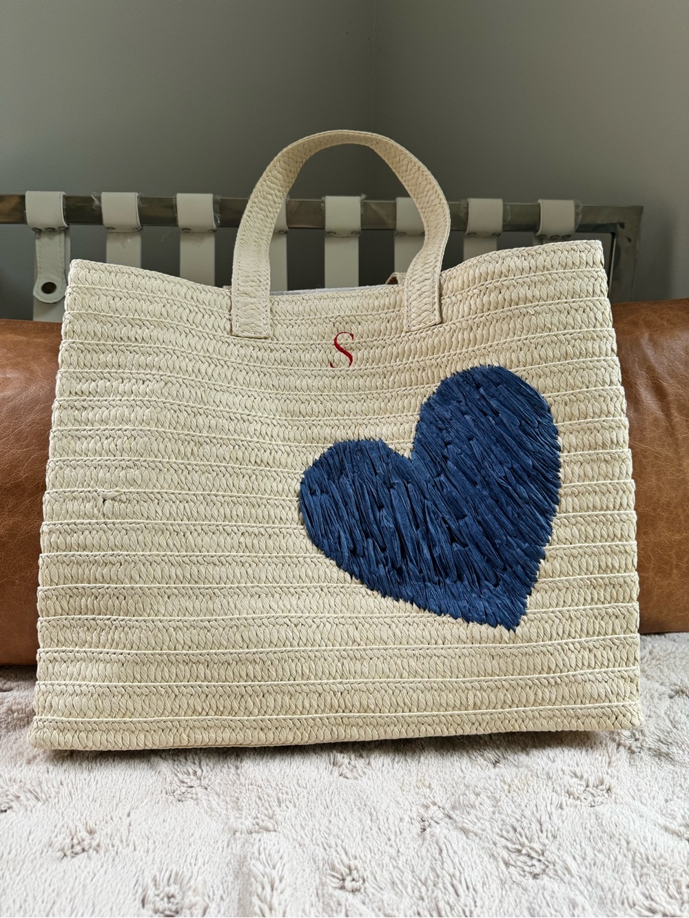 Mark and Graham Heart Embroidered Oversized Straw Beach Tote